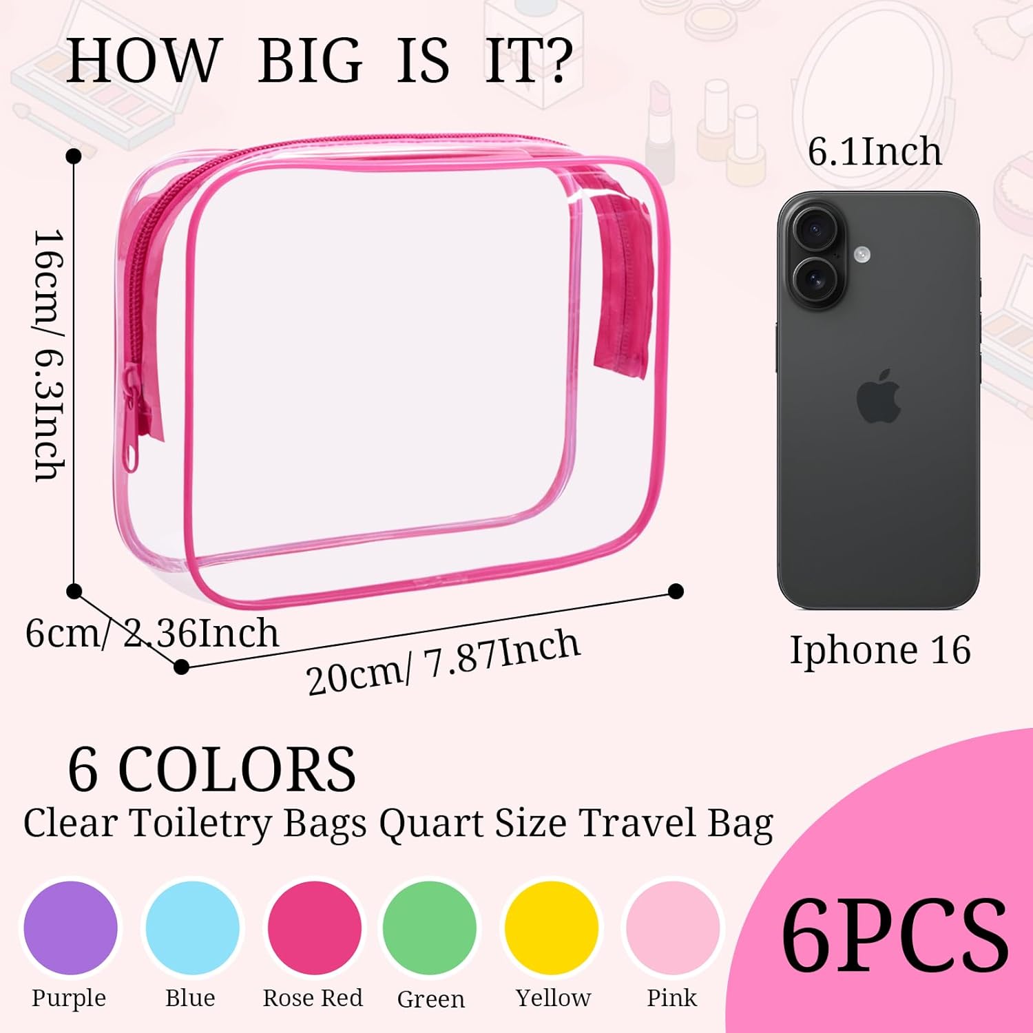 6 Pieces Clear Makeup Bags Bulk TSA Approved Toiletry Bag for Travel PVC Waterproof Clear Cosmetic Pouch with Zipper for Men and Women Carry-on Travel Essentials - Image 2