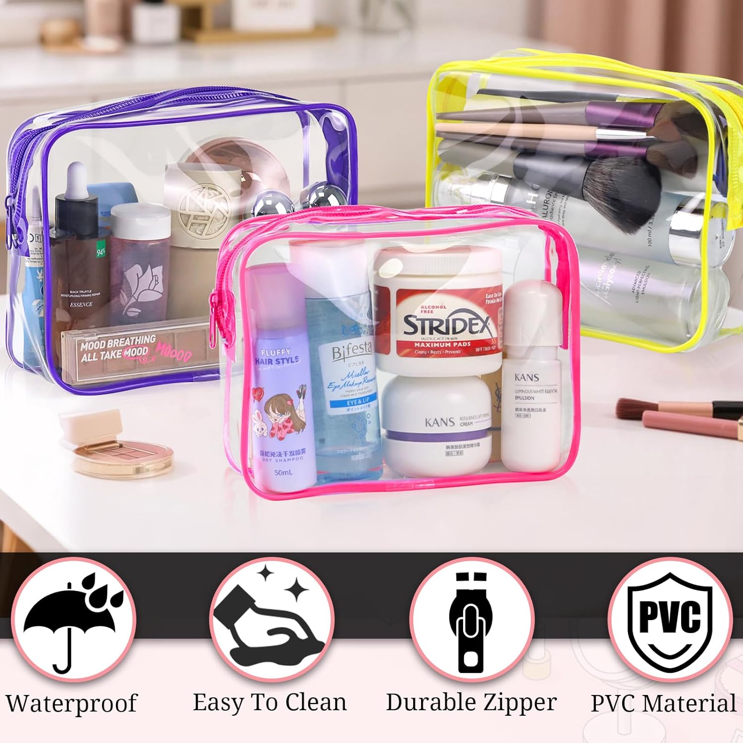 6 Pieces Clear Makeup Bags Bulk TSA Approved Toiletry Bag for Travel PVC Waterproof Clear Cosmetic Pouch with Zipper for Men and Women Carry-on Travel Essentials - Image 4