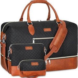 ITIEZY Weekender Overnight Bag for Women - Large Travel Duffel Bag with Shoe Compartment, Gym Duffel Bag Hospital Bag Carry On Tote Bags for Airplanes with Crossbody Bag Toiletry Bag 3Pcs Set
