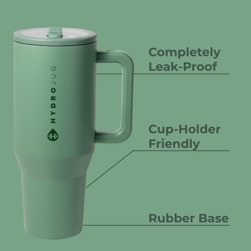 HydroJug Traveler - 32 oz Water Bottle with Handle & Flip Straw - Fits in Cup Holder, Leak Resistant Tumbler-Reusable Insulated Stainless Steel & Rubber Base - Gifts for Women & Men, Sage - Image 2