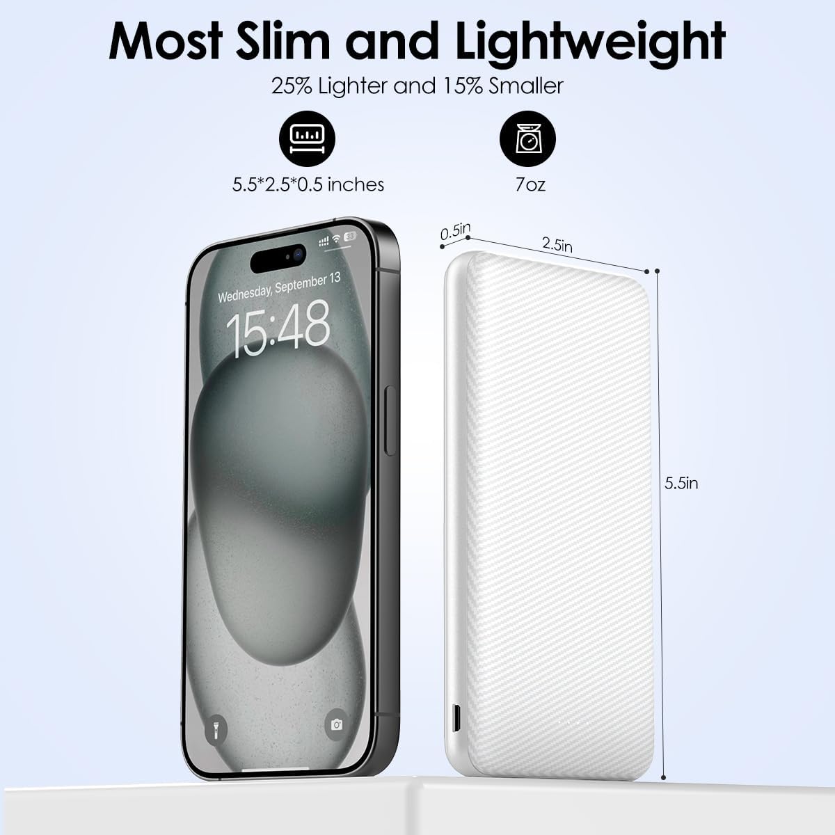Power Bank 10000mAh Portable Charger, Slimmer Battery Pack 5V/3A with USB C Input & Output, Travel Essentials Powerbank Compatible for iPhone, Galaxy, LG, Sony, Pixels, Tablets and More (White) - Image 5