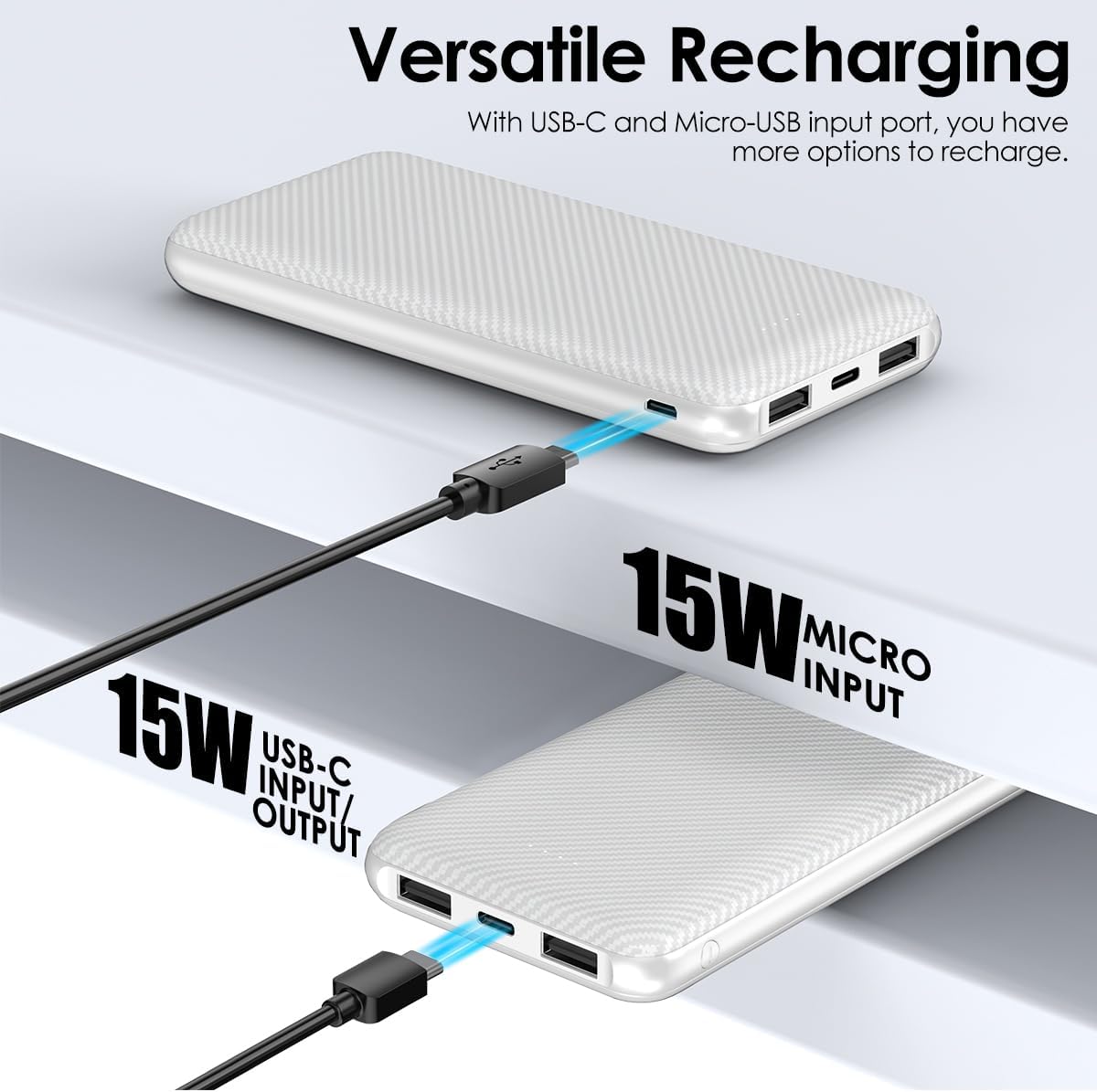 Power Bank 10000mAh Portable Charger, Slimmer Battery Pack 5V/3A with USB C Input & Output, Travel Essentials Powerbank Compatible for iPhone, Galaxy, LG, Sony, Pixels, Tablets and More (White) - Image 6