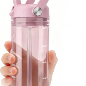 12oz Kids Water Bottle, BPA Free Thick Tritan Plastic Reusable, Clear Water Bottle with Straw, Leakproof Lid, Dishwasher Safe, Boy girl for School,Travel Pink