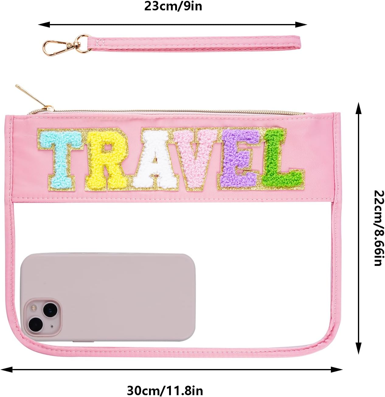 Chenille Letter Bag, Multi-purpose Nylon Clear Makeup Cosmetic Bags Flat Pouches with Zipper for Travel, Gym, Beach (Pink-Travel) - Image 2
