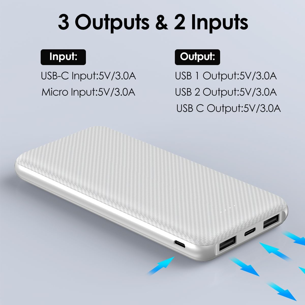 Power Bank 10000mAh Portable Charger, Slimmer Battery Pack 5V/3A with USB C Input & Output, Travel Essentials Powerbank Compatible for iPhone, Galaxy, LG, Sony, Pixels, Tablets and More (White) - Image 3