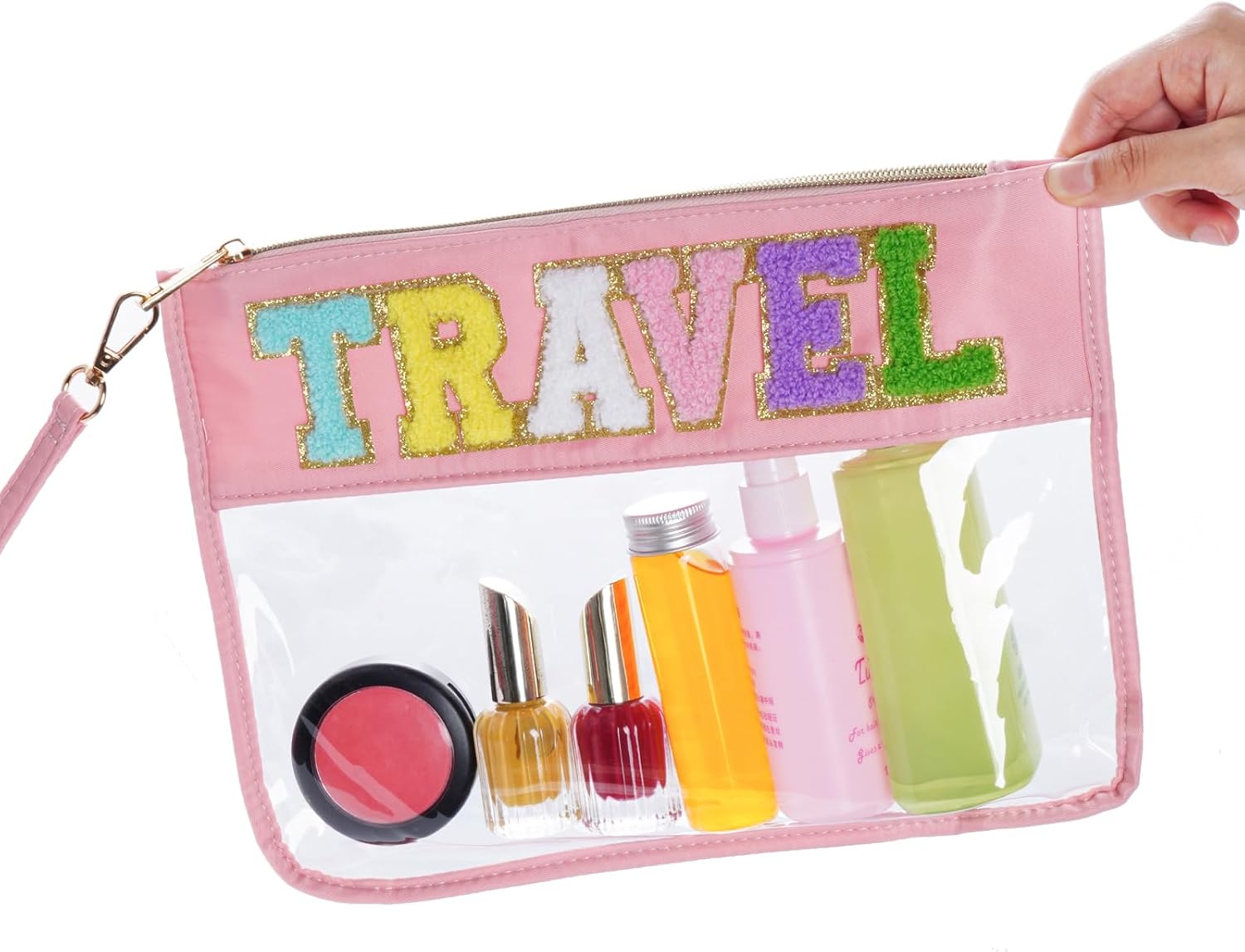 Chenille Letter Bag, Multi-purpose Nylon Clear Makeup Cosmetic Bags Flat Pouches with Zipper for Travel, Gym, Beach (Pink-Travel) - Image 3