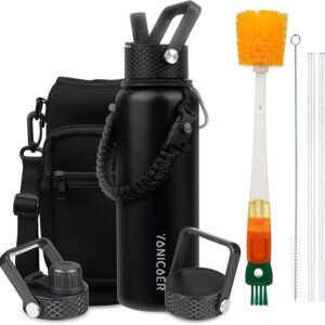Insulated Water Bottle 40oz,Triple Wall Vacuum Stainless Steel(Dishwasher Safe),Leak Proof & Non-BPA,Flask Jug with Paracord Handle & Straw Spout Lids Sports Black