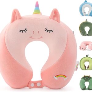 Niuniu Daddy Unicorn Kids Travel Neck Pillow (3-8 Y/O), Memory Foam Toddler Pillows for Head & Chin Support, Cute Sleeping Essentials for Car Seat, Airplane, Stroller and Long Road Trip