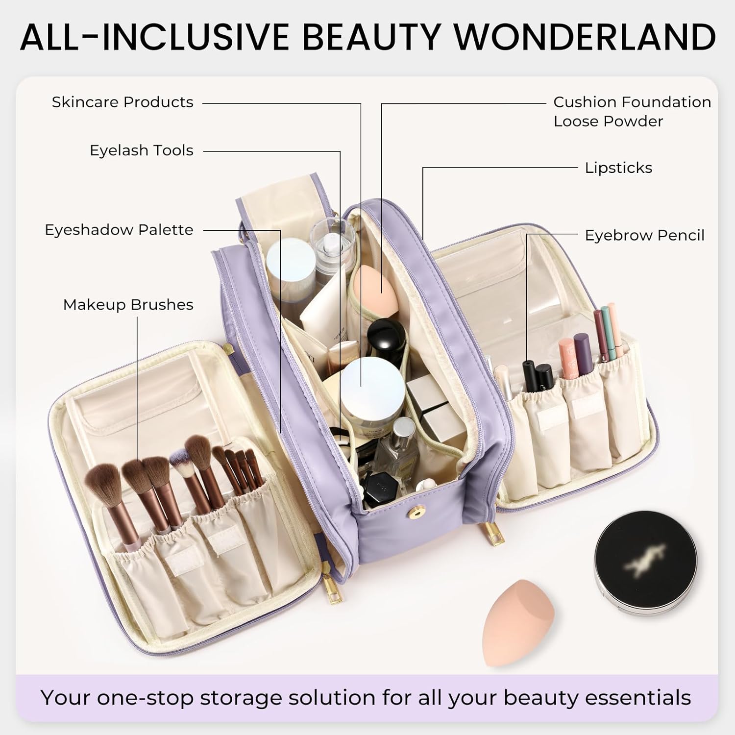 Travel Makeup Bag Women's Large Capacity Cosmetic Portable Organizer Large Opening Waterproof Storage Toiletry Bags Vertical Free-Standing Brush Holder for Easy Access Purple - Image 2