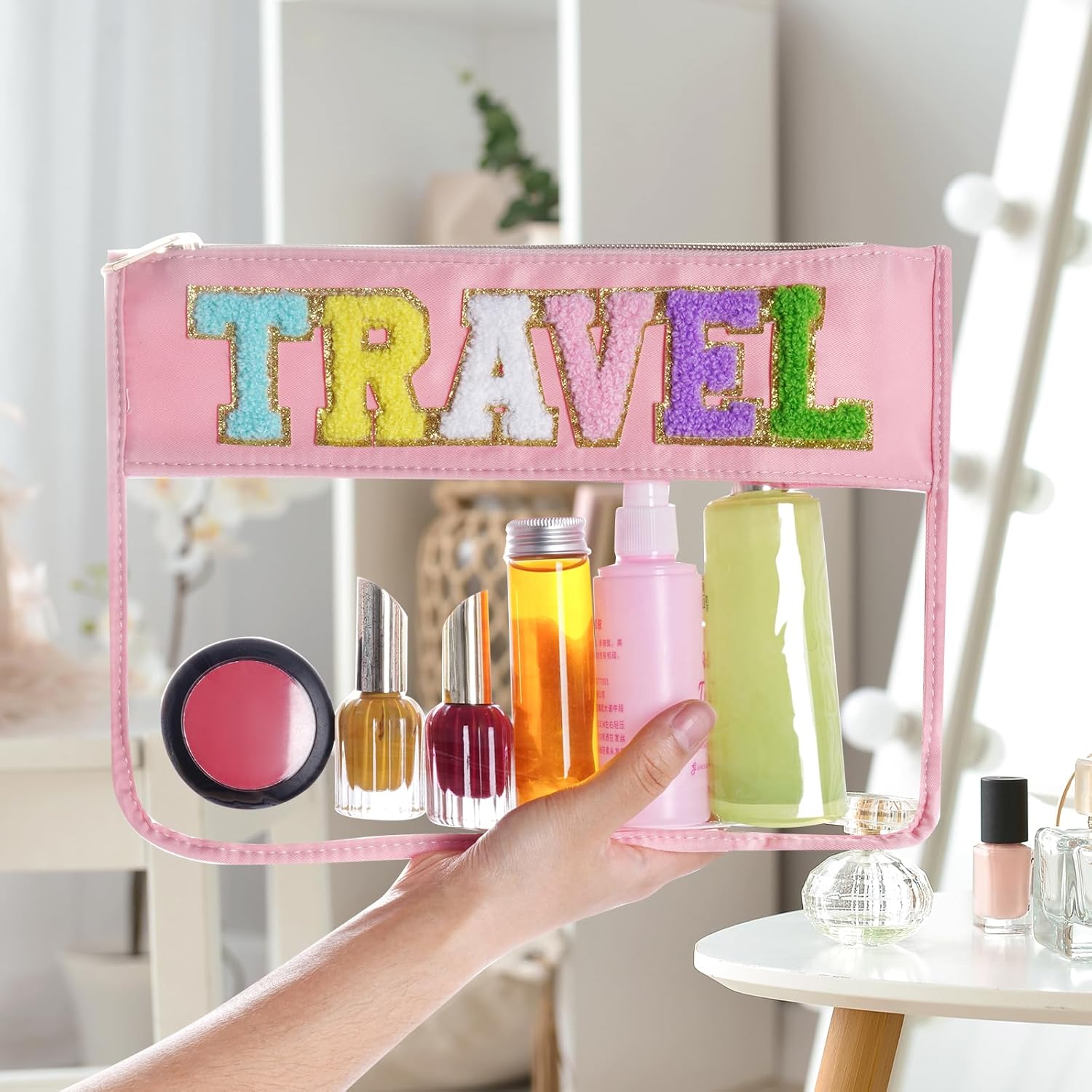 Chenille Letter Bag, Multi-purpose Nylon Clear Makeup Cosmetic Bags Flat Pouches with Zipper for Travel, Gym, Beach (Pink-Travel) - Image 7