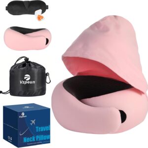 Travel Pillow - Hooded Neck Pillow Airplane Memory Foam Filling for Plane, Office, Cars Sleeping, Road Trip, Long Flights, Airplane Travel Essentials, Includes Eye Mask & Earplugs (Pink)