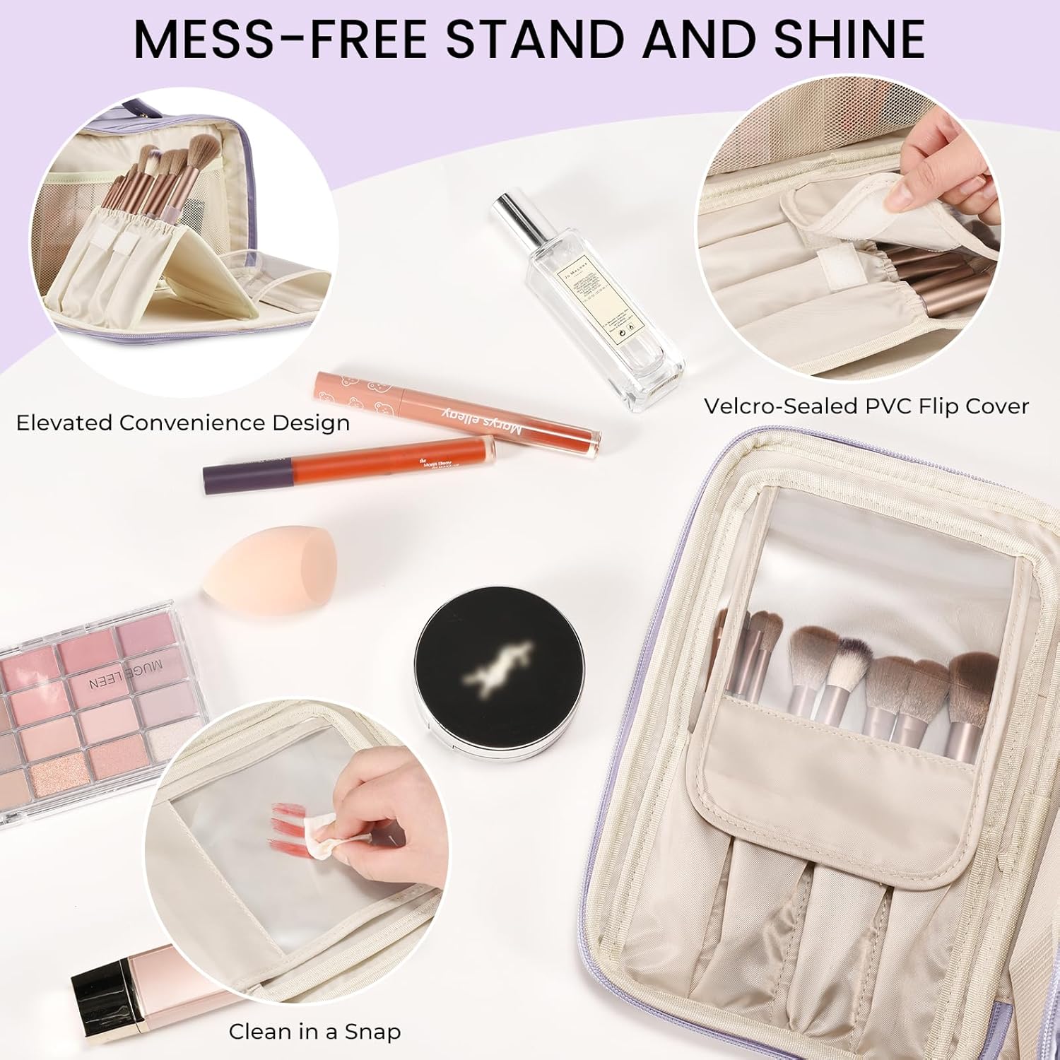 Travel Makeup Bag Women's Large Capacity Cosmetic Portable Organizer Large Opening Waterproof Storage Toiletry Bags Vertical Free-Standing Brush Holder for Easy Access Purple - Image 3