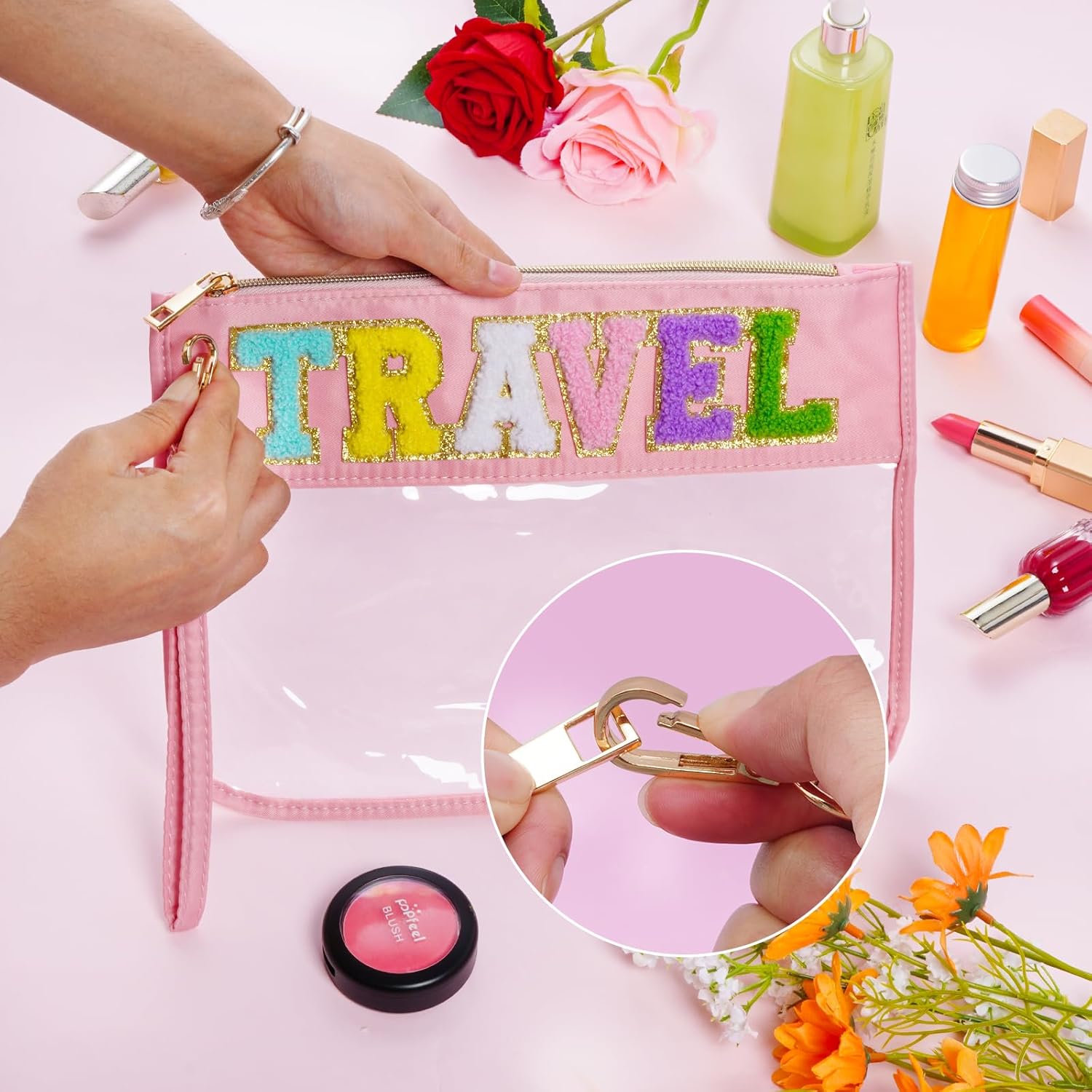 Chenille Letter Bag, Multi-purpose Nylon Clear Makeup Cosmetic Bags Flat Pouches with Zipper for Travel, Gym, Beach (Pink-Travel) - Image 4