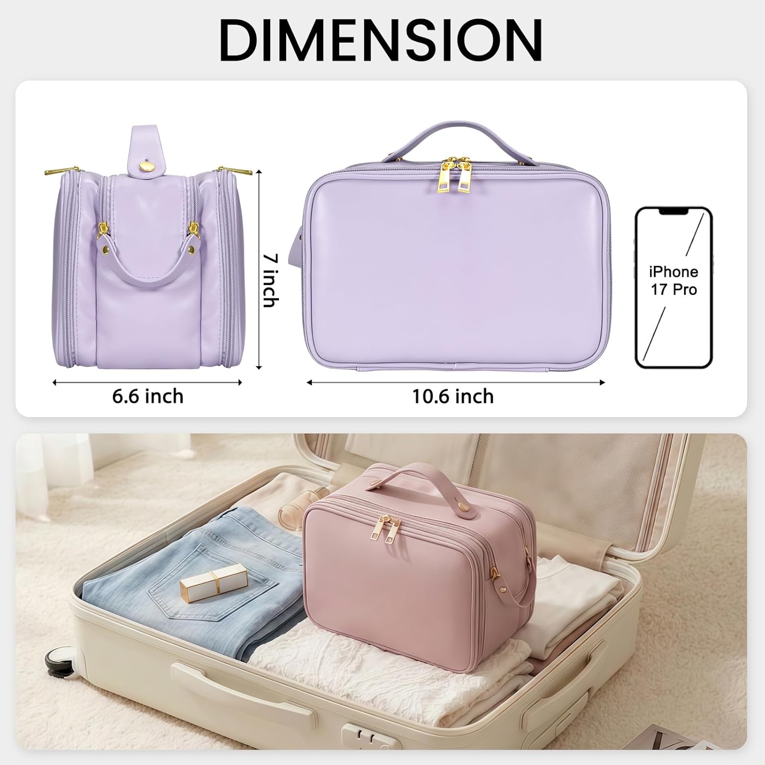 Travel Makeup Bag Women's Large Capacity Cosmetic Portable Organizer Large Opening Waterproof Storage Toiletry Bags Vertical Free-Standing Brush Holder for Easy Access Purple - Image 6
