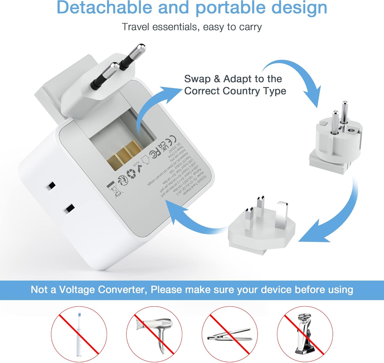 TESSAN All European UK Travel Plug Adapter Kit, International Detachable with 3 Outlet 3 USB Charger (1 USB C), Type C/G/E/F EU Ireland Power Adaptor, US to Europe Italy Spain France Greece - Image 4
