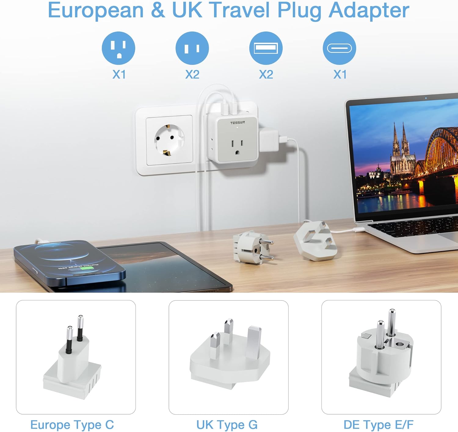 TESSAN All European UK Travel Plug Adapter Kit, International Detachable with 3 Outlet 3 USB Charger (1 USB C), Type C/G/E/F EU Ireland Power Adaptor, US to Europe Italy Spain France Greece - Image 3