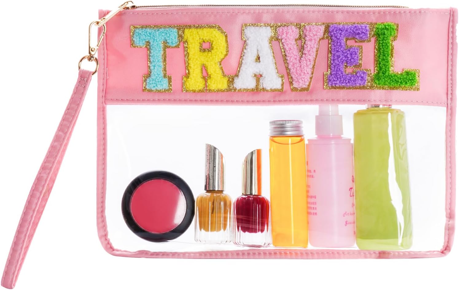 Chenille Letter Bag, Multi-purpose Nylon Clear Makeup Cosmetic Bags Flat Pouches with Zipper for Travel, Gym, Beach (Pink-Travel) - Image 5