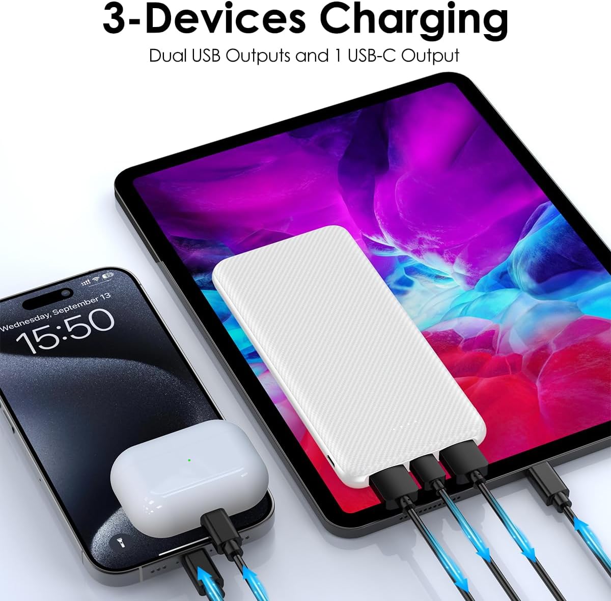 Power Bank 10000mAh Portable Charger, Slimmer Battery Pack 5V/3A with USB C Input & Output, Travel Essentials Powerbank Compatible for iPhone, Galaxy, LG, Sony, Pixels, Tablets and More (White) - Image 4