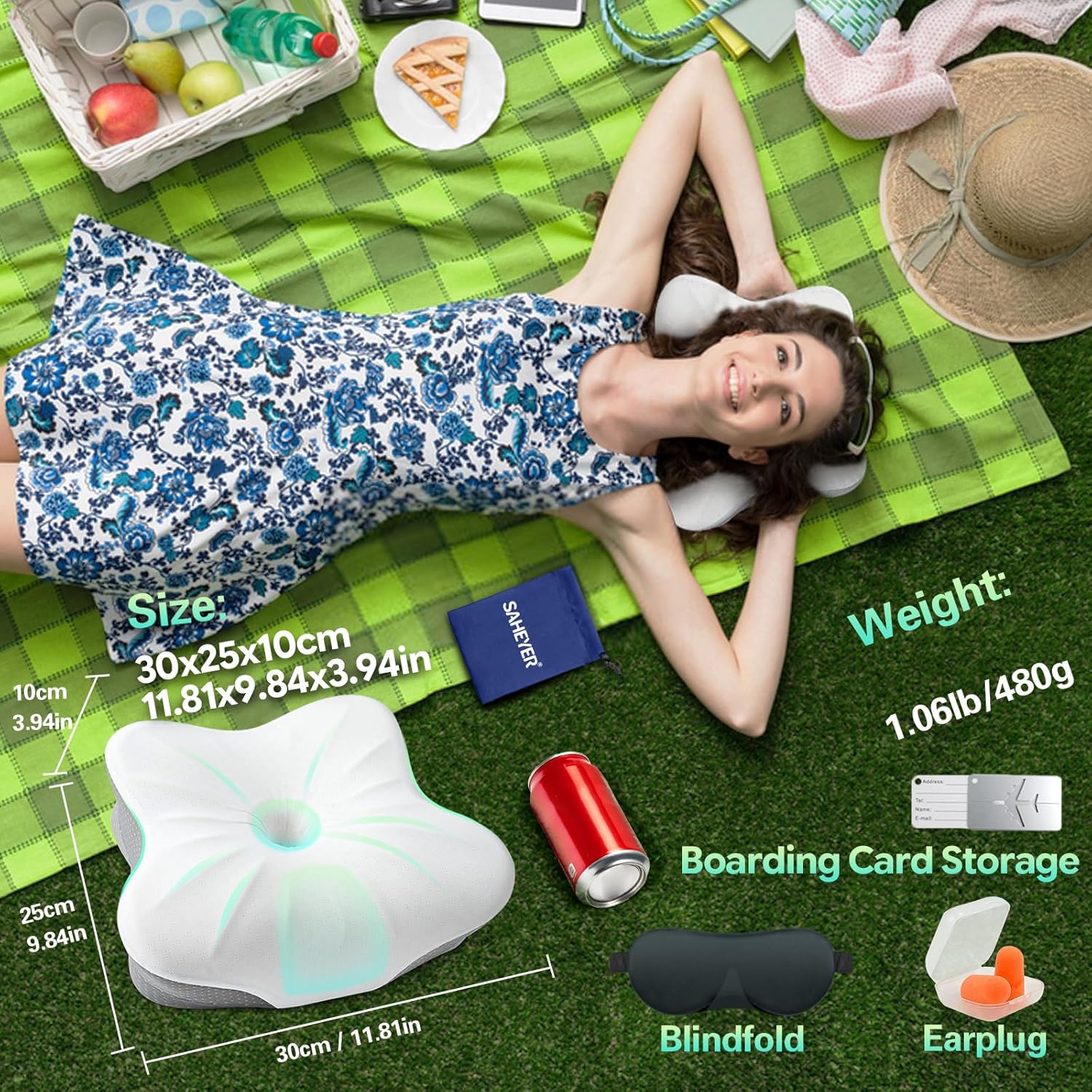SAHEYER Memory Foam Camping Pillow, Travel Pillows for Sleeping, Cervical Neck Support Camping Gear Accessories - Small Pillow Travel Essentials for Sleep, Backpack, Hammock, 11.81x9.84x3.94 in, Gray - Image 2