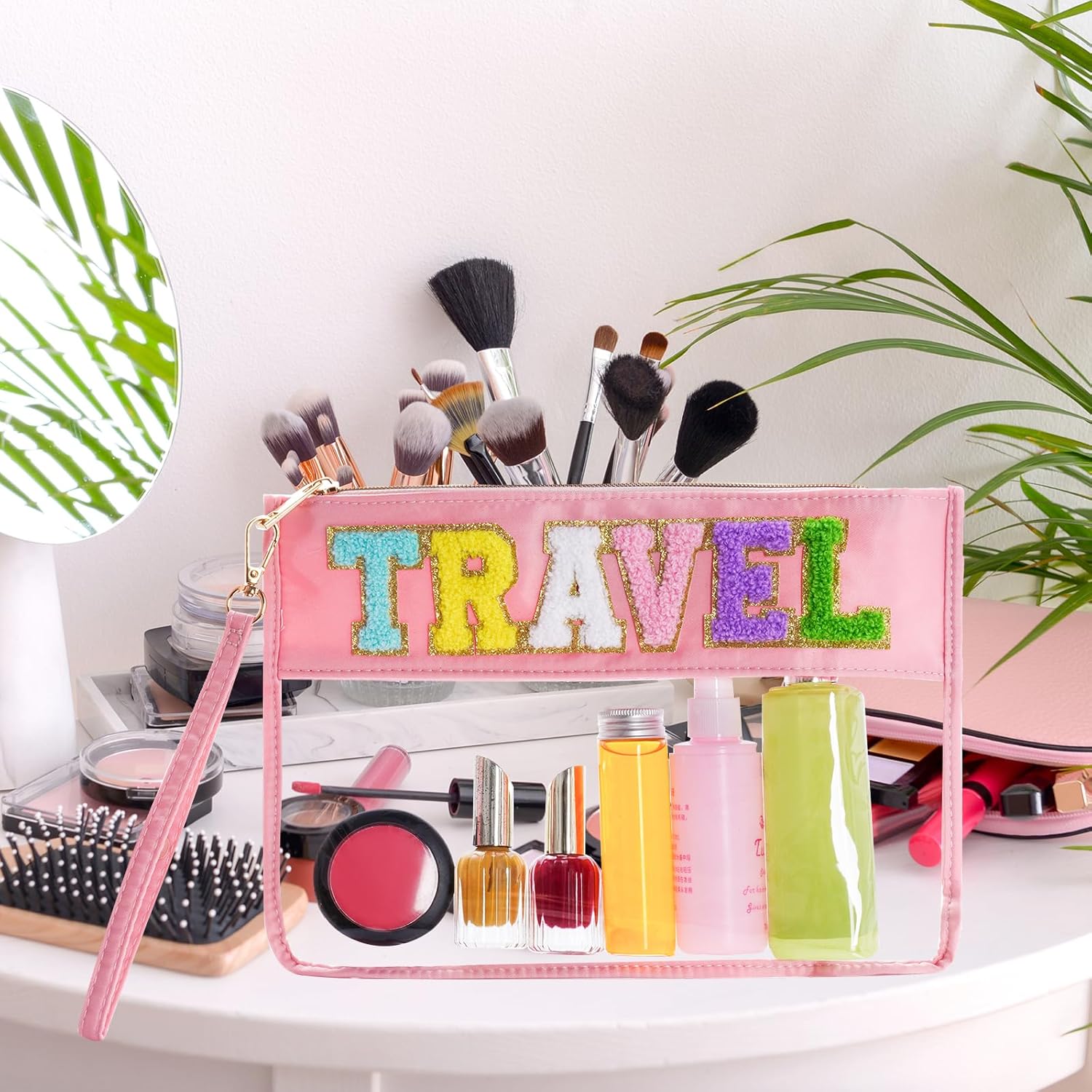 Chenille Letter Bag, Multi-purpose Nylon Clear Makeup Cosmetic Bags Flat Pouches with Zipper for Travel, Gym, Beach (Pink-Travel) - Image 6