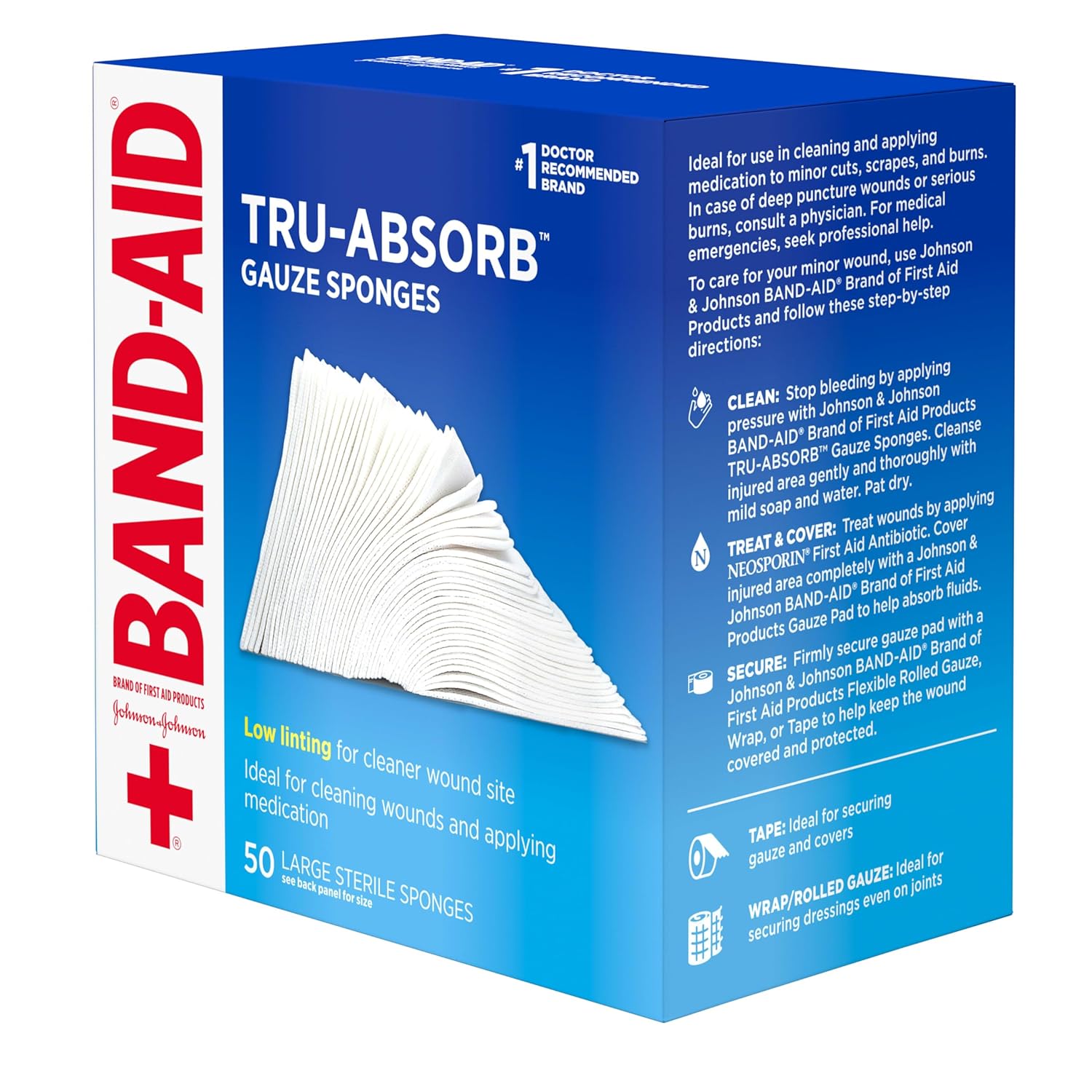 BAND-AID Brand First Aid Products Tru-Absorb Sterile Gauze Sponges for Cleaning and Cushioning Minor Wounds, Cuts & Burns, Low-Lint Design, Individually Wrapped 4 in by 4 in Pads - Image 3