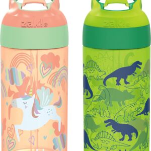 Zak Designs 16oz Riverside Kids Water Bottle with Spout Cover and Built-in Carrying Loop, Made of Durable Plastic, Leak-Proof Water Bottle Design for Travel (Unicorn & Dino Camo, Pack of 2)