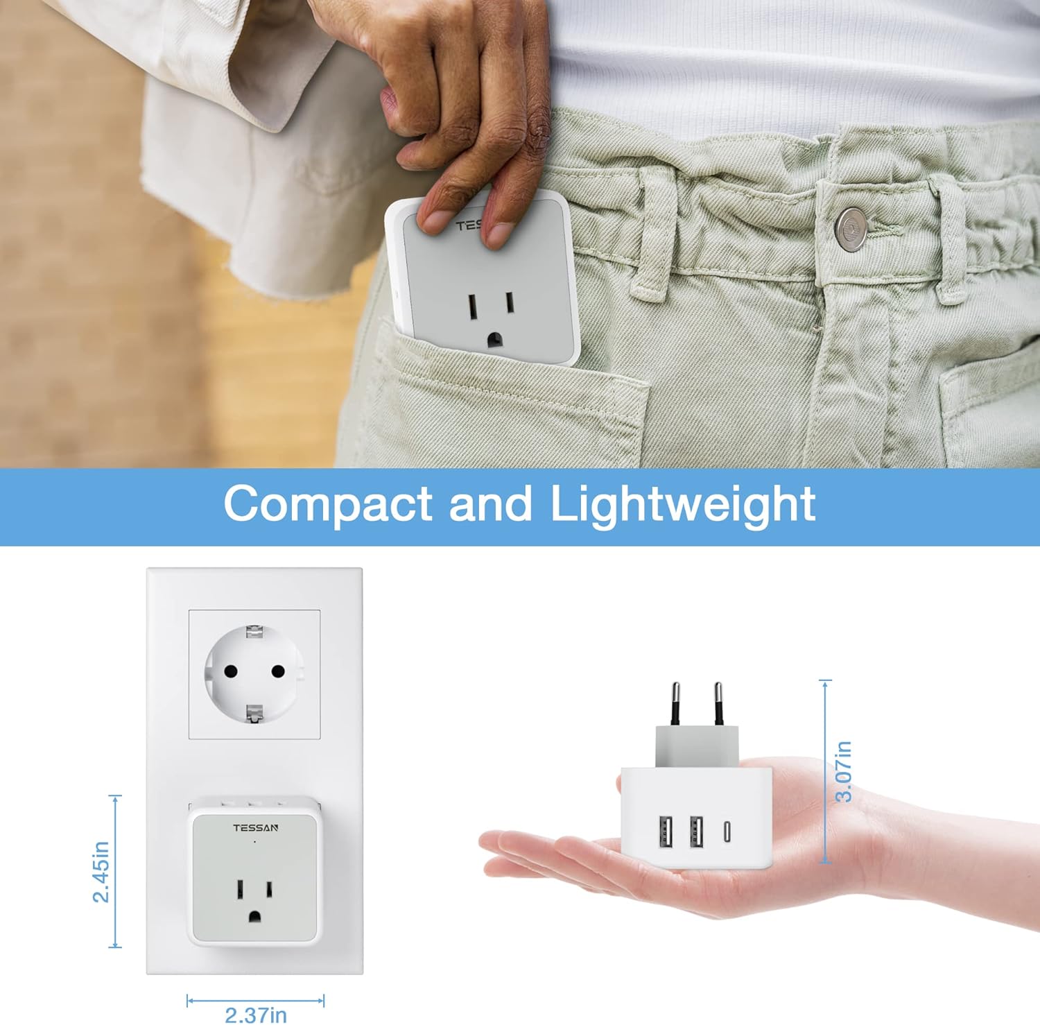 TESSAN All European UK Travel Plug Adapter Kit, International Detachable with 3 Outlet 3 USB Charger (1 USB C), Type C/G/E/F EU Ireland Power Adaptor, US to Europe Italy Spain France Greece - Image 6