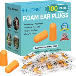 TICONN 100 Pairs Foam Ear Plugs, Hunting Earplugs Individually Wrapped 32dB NRR Noise Reduction Ear Plugs for Sleeping Fishing Passive Hearing Protection Travel Study Concentration (100 Pairs)