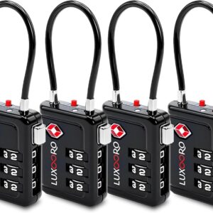 TSA Approved Luggage Lock with Alert Indicator, 3-Digit Resettable Combination, Durable Zinc Alloy Travel Lock for Suitcase, Backpack, Toolbox, Locker, All-Propose, keyless – Black (4 Pack)