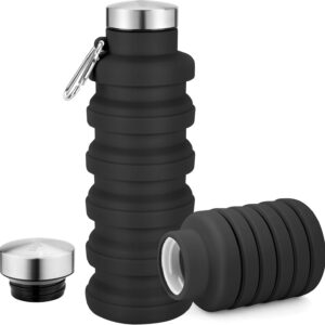 Collapsible Water Bottles 17oz, Portable Leak-Proof Travel Water Bottle, Reusable BPA Free Silicone Foldable Water Bottle with Carabiner for Gym, Traveling, Camping, Hiking, Sports-Black