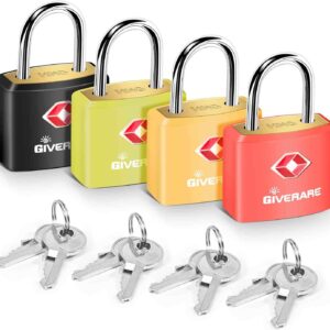 4 Pack TSA Approved Travel Luggage Locks with Keys, Solid Brass Copper Keyed Padlock, ABS Plastic Covered Small Locks for Suitcase, Backpack, Gym Locker, Jewelry Box-by GIVERARE