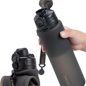 TakeToday Collapsible Water Bottles 32oz, Foldable Travel Water Bottle, BPA Free, Silicone Water Bottle Leakproof for Hiking, International Travel, Outdoors