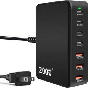 USB C Charger Block 200W 7 Port Fast Charging Station, PD 45W Laptop Charger Brick Adapter Compatible with MacBook Pro/Air,DELL,Steam Deck,iPhone 16/15/14,Galaxy S23/22 (Black)