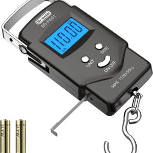 Fish Scale Luggage Scale Fishing Gear - 110lb Backlit LCD Display Digital Scale with Built-in Measuring Tape - Fishing Scale with 2 AAA Batteries, Pocket Size - Fishing Gifts for Men