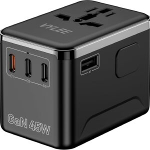 Universal Travel Adapter, VYLEE 45W International Plug Adapter with PD Fast Charging, 5-Port (1 AC/1 USB-A/3 USB-C), Wall Charger Worldwide Travel Essentials Plug for USA EU UK AUS Japan (Black)
