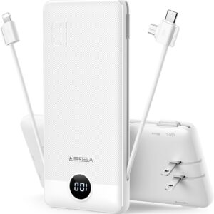 VEGER Portable Charger for iPhone Built in Cables and Wall Plug, 10000mah Slim Fast Charging USB C Power Bank, Travel Essential Battery Pack Compatible with iPhones, iPad, Samsung More Devices(White)