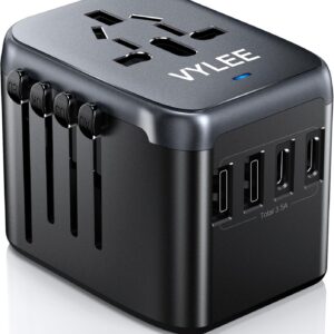 Universal Travel Adapter, VYLEE 5 in 1 International Power Adapter, 3.5A 2xUSB-A and 2xUSB C Wall Charger, Worldwide Travel Essentials Plug for Europe USA UK AUS Asia (Black Grey)