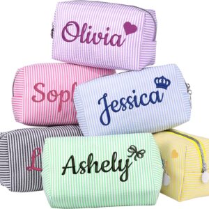 Personalized Seersucker Makeup Bag with Embroidered Name&Birth Flower,Custom Small Travel Cosmetic Bag Toiletry Bag Wedding Gifts for Bridesmaid Bride (4-Makeup Bag with Crown)