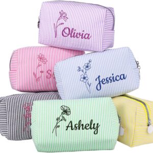 Personalized Seersucker Makeup Bag with Embroidered Name&Birth Flower,Custom Small Travel Cosmetic Bag Toiletry Bag Wedding Gifts for Bridesmaid Bride (Makeup Bag with Birth Flower)