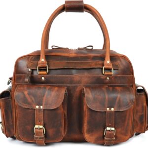 Pilot Bag for Men – 16" Genuine Buffalo Leather Travel Duffel with 7 Pockets, Padded Laptop Compartment & Trolley Strap, Handmade Vintage Carry-On Weekender, Brown