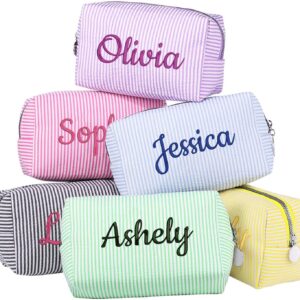 Personalized Seersucker Makeup Bag with Embroidered Name&Birth Flower,Custom Small Travel Cosmetic Bag Toiletry Bag Wedding Gifts for Bridesmaid Bride (Makeup Bag with Name)