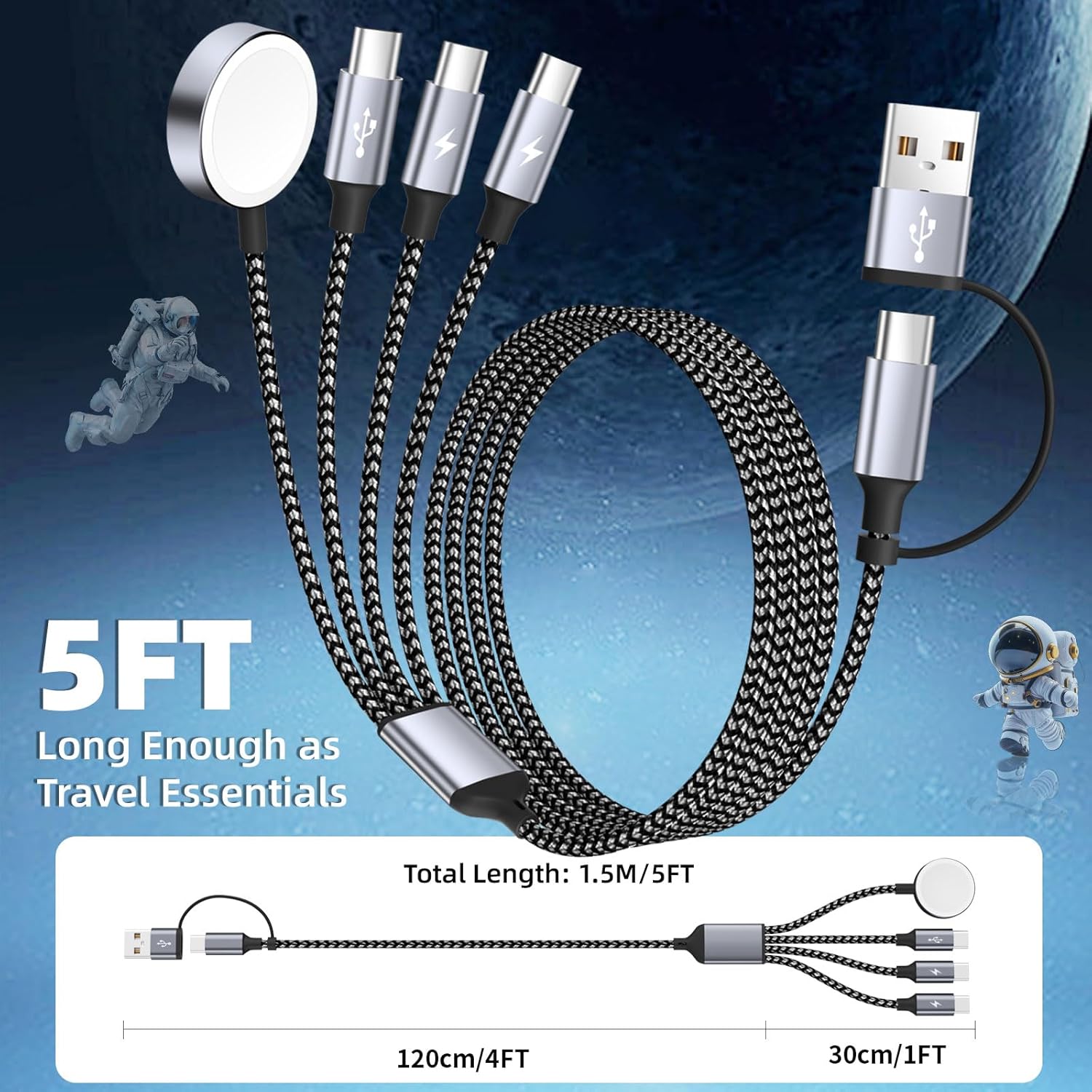 4 in 2 Charging Cable for Apple iWatch Charger with 3 Type-C Ports, Travel Essentials USB C Splitter Multi Charging Cable/Cord for iWatch Ultra/SE/10-1, iPhone17 16 15 14, Android, More -1Pack 5FT - Image 8
