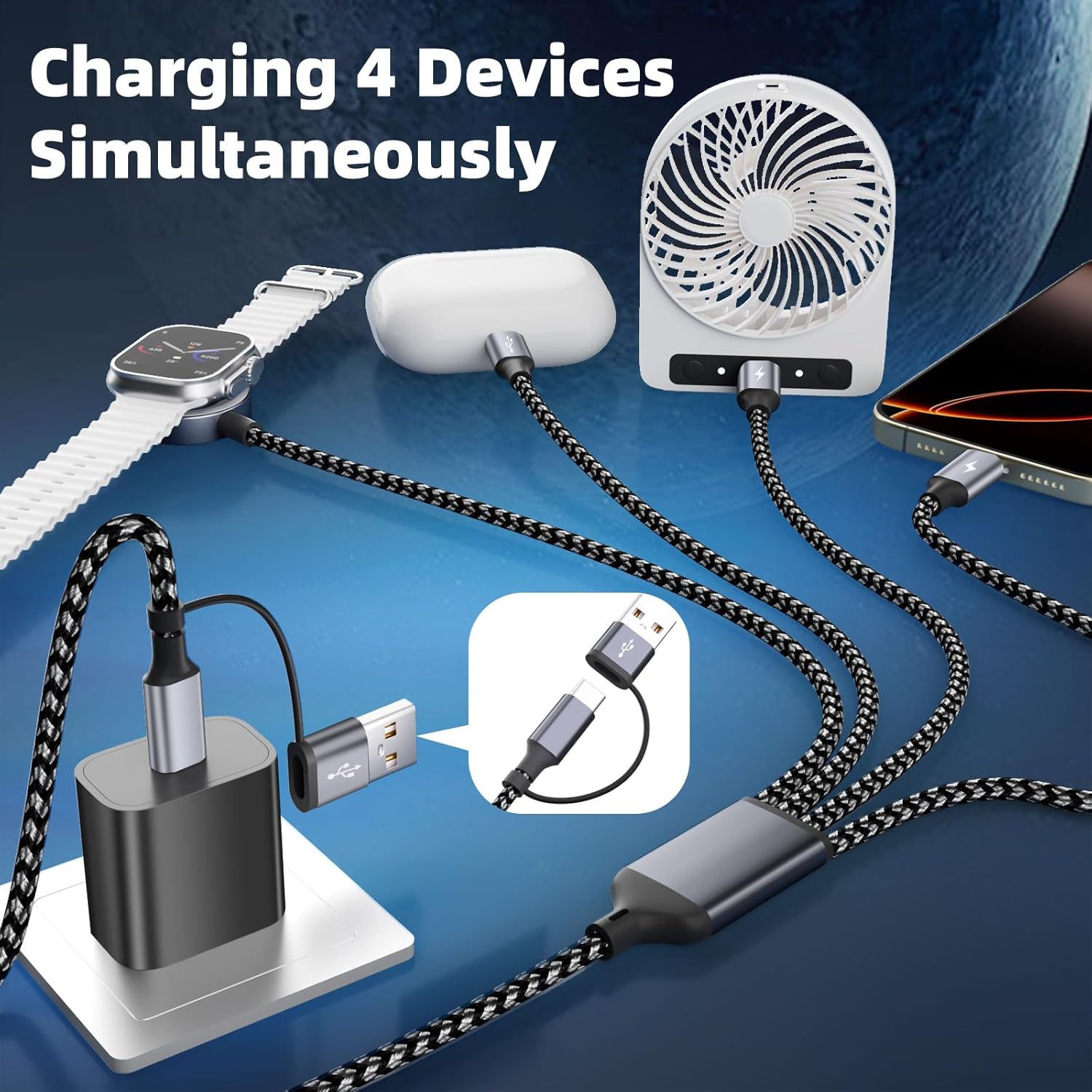 4 in 2 Charging Cable for Apple iWatch Charger with 3 Type-C Ports, Travel Essentials USB C Splitter Multi Charging Cable/Cord for iWatch Ultra/SE/10-1, iPhone17 16 15 14, Android, More -1Pack 5FT - Image 4