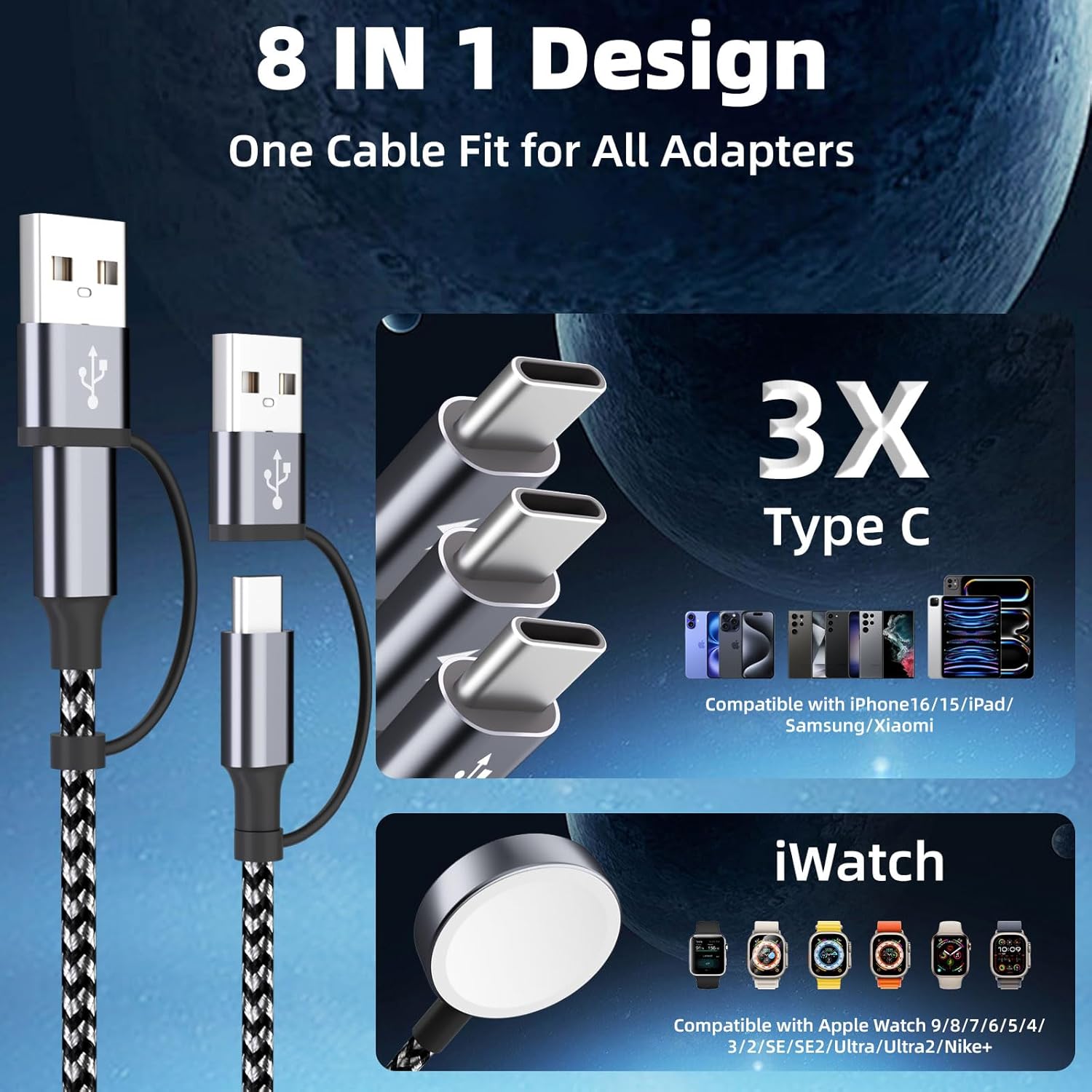 4 in 2 Charging Cable for Apple iWatch Charger with 3 Type-C Ports, Travel Essentials USB C Splitter Multi Charging Cable/Cord for iWatch Ultra/SE/10-1, iPhone17 16 15 14, Android, More -1Pack 5FT - Image 3