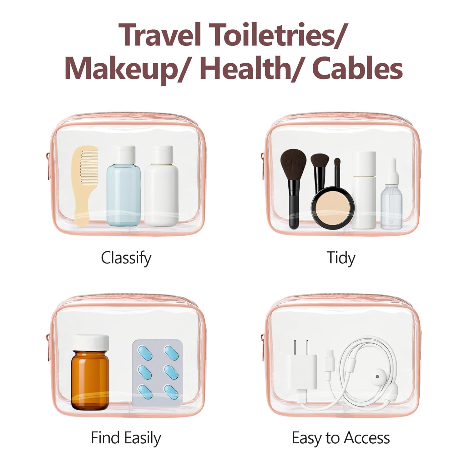 PACKISM TSA Approved Toiletry Bag - Clear Makeup Bag 3 Pack Medium, Quart Size Bag for 3-1-1 Liquids with Metal Smooth Zipper, Travel Makeup Bag for Women Men, Airport Airline Compliant Bag, Rose Pink - Image 6