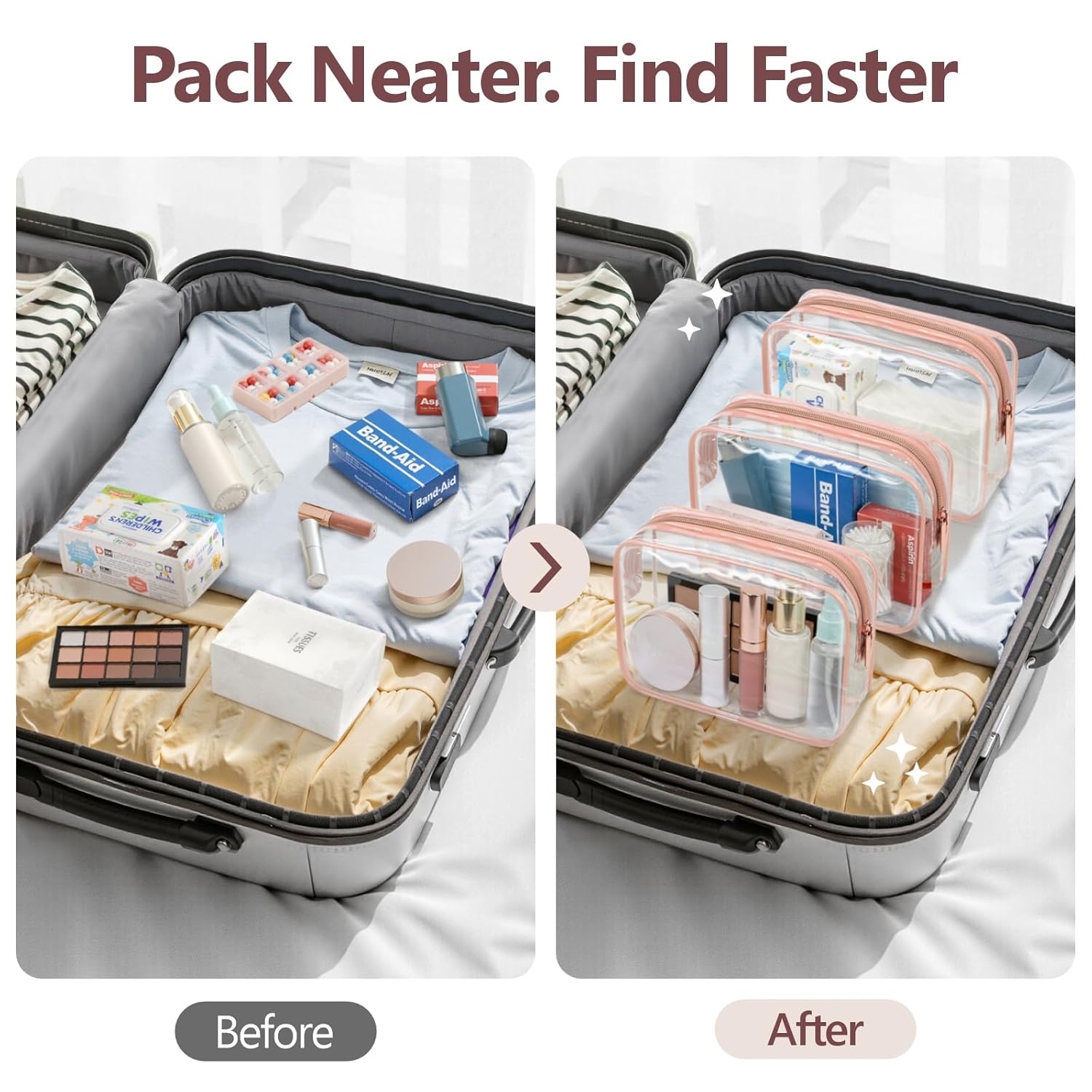 PACKISM TSA Approved Toiletry Bag - Clear Makeup Bag 3 Pack Medium, Quart Size Bag for 3-1-1 Liquids with Metal Smooth Zipper, Travel Makeup Bag for Women Men, Airport Airline Compliant Bag, Rose Pink - Image 8
