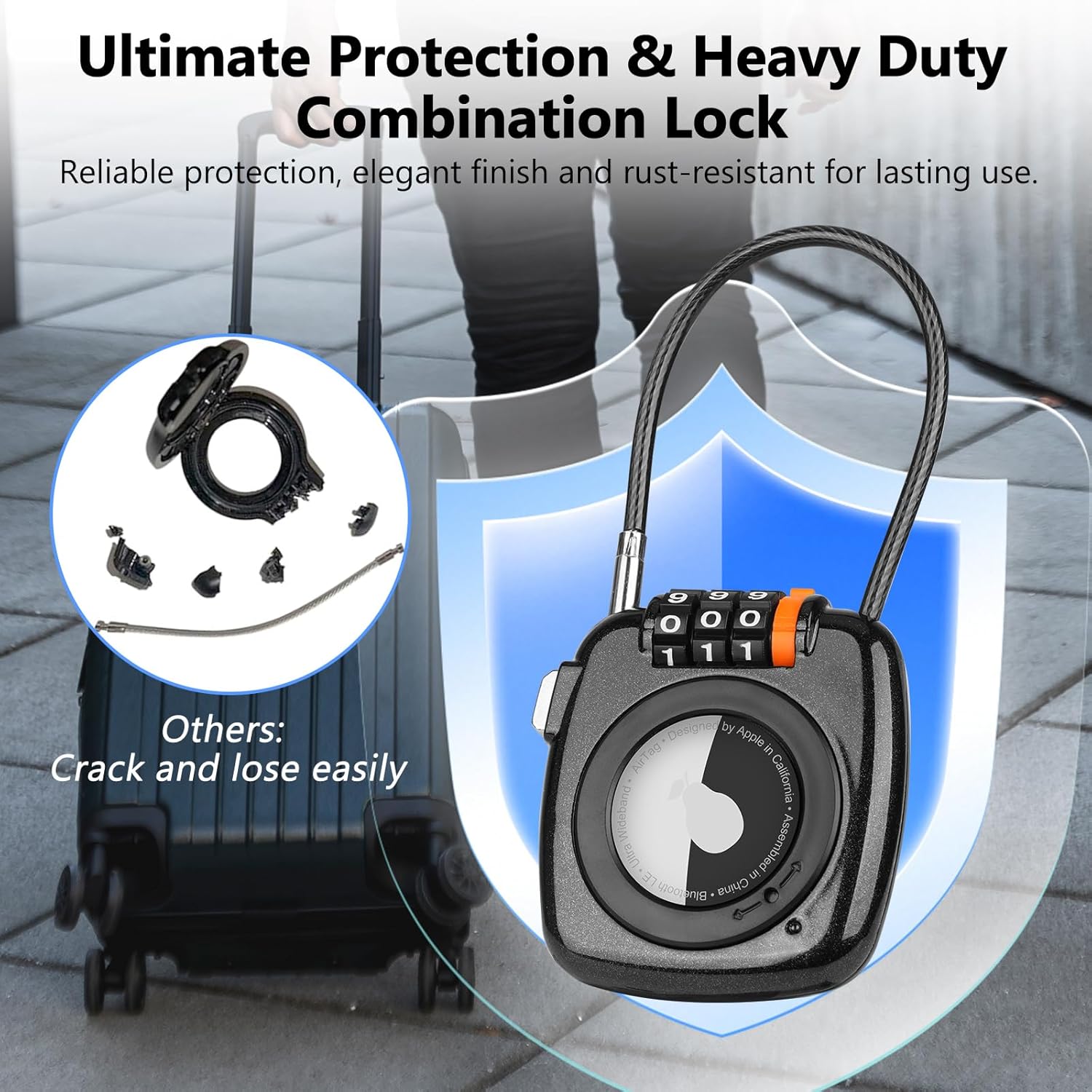 Compatible with Apple AirTag Secure Lock with Wire Cable, 3-Digit Combination Luggage Locks, Alloy Body Ultra Durable Anti-Lost Protective Case for Luggage, Bags, Suitcase, and Backpacks (BLACK) - Image 7