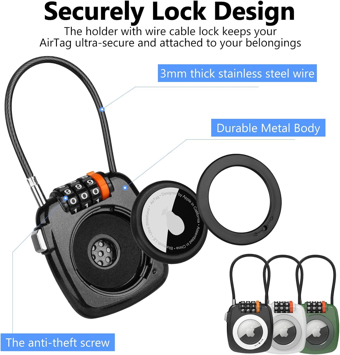 Compatible with Apple AirTag Secure Lock with Wire Cable, 3-Digit Combination Luggage Locks, Alloy Body Ultra Durable Anti-Lost Protective Case for Luggage, Bags, Suitcase, and Backpacks (BLACK) - Image 5