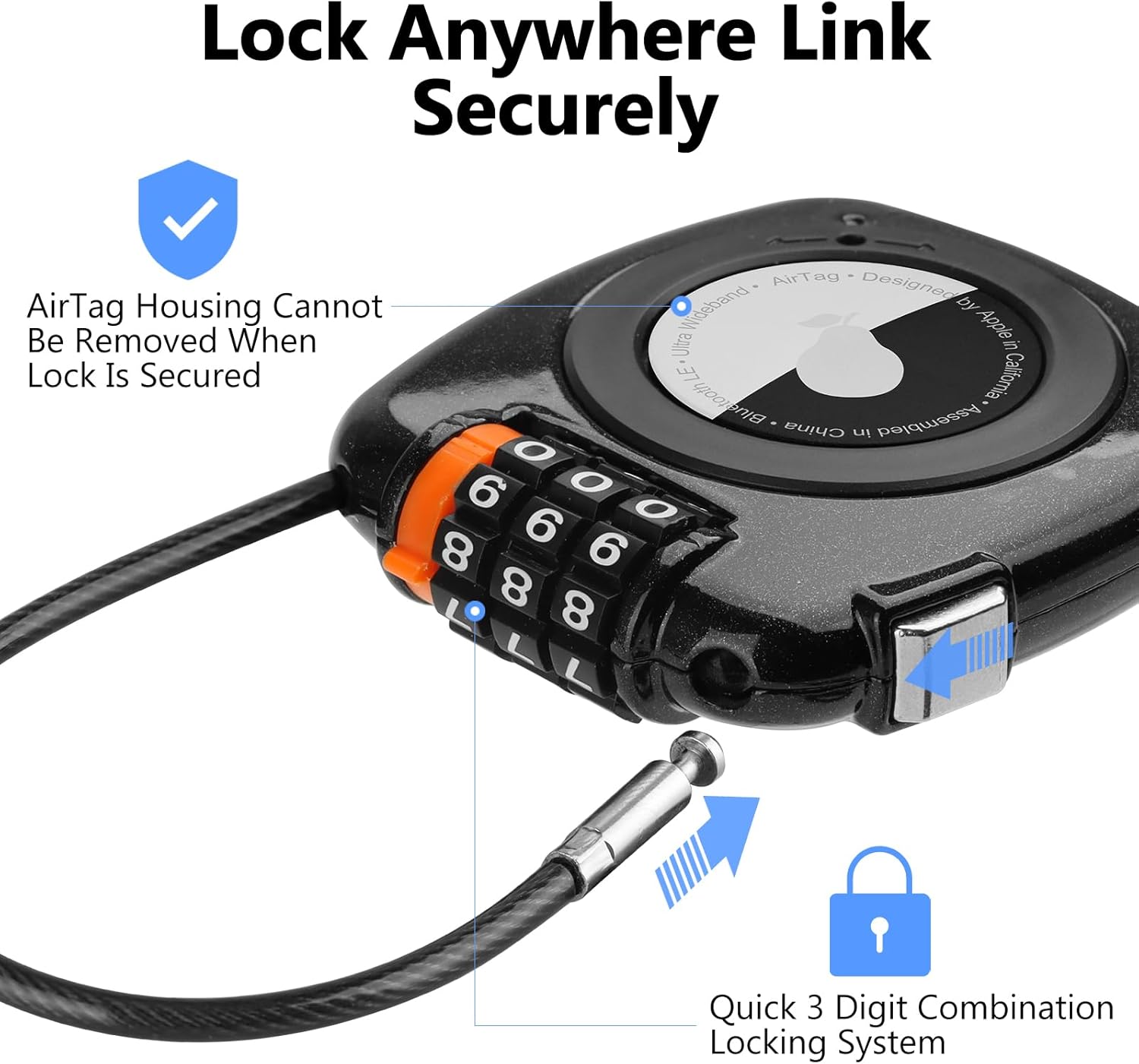 Compatible with Apple AirTag Secure Lock with Wire Cable, 3-Digit Combination Luggage Locks, Alloy Body Ultra Durable Anti-Lost Protective Case for Luggage, Bags, Suitcase, and Backpacks (BLACK) - Image 2