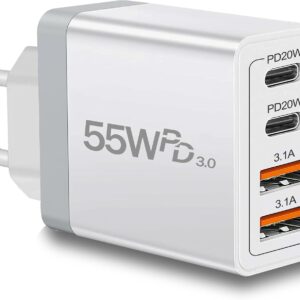 European Travel Plug Adapter USB C, 55W USB C European Charger 4-Port Fast Charger Type C Wall Charger USA to Europe Plug Adapter for iPhone 17 16 15 14 13 12 11 Pro Max X 8, Galaxy, Android